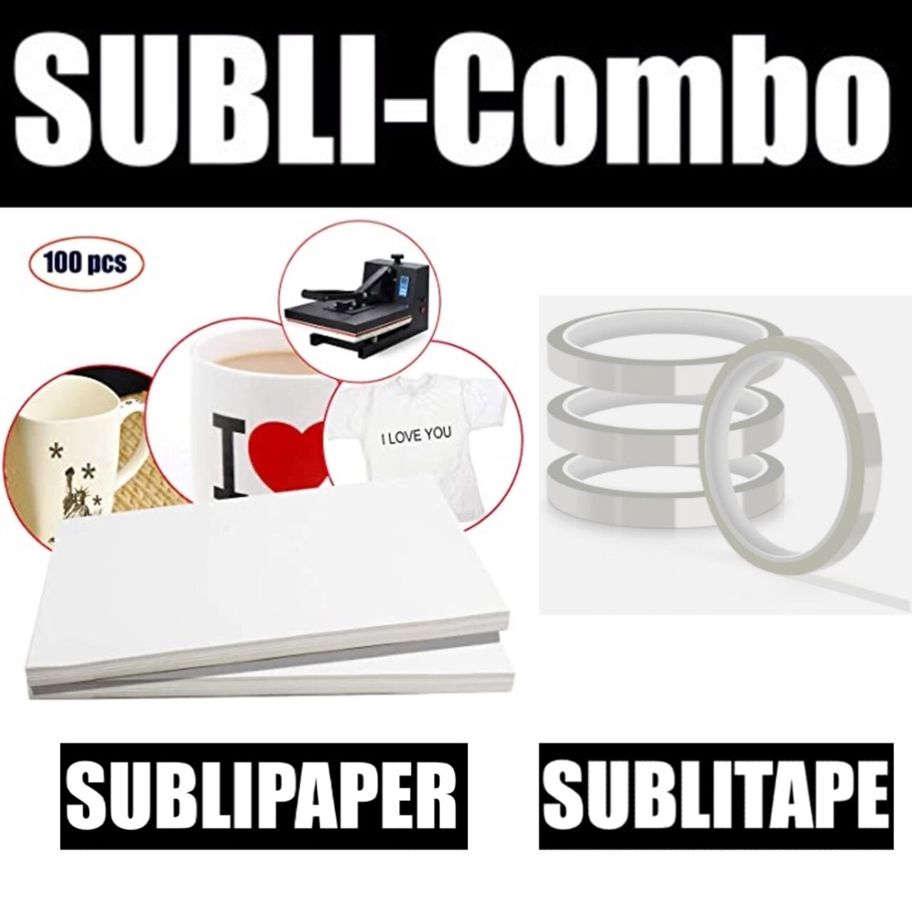 Dye Sub COMBO 4 Rolls CLEAR HEAT RESISTANT Tape 10mm x 33m + 100 Sh 8.5”x11” SUBLIPAPER